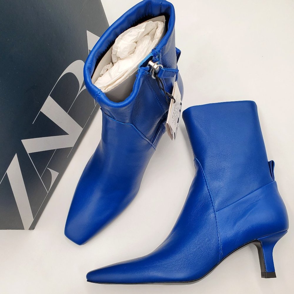 Zara Electric Blue Leather Kitten Heel Booties - NWT